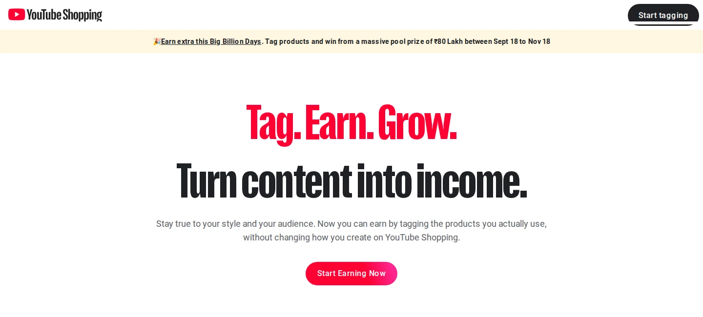 YouTube Shopping page for tagging products in videos