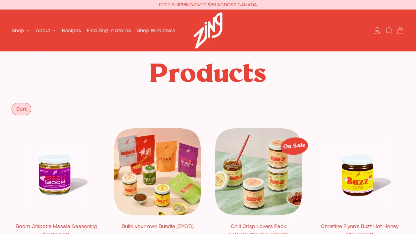 Zing Pantry Shortcuts products page showing the Build your own Bundle option and the Chili Crisp Lovers Pack on sale